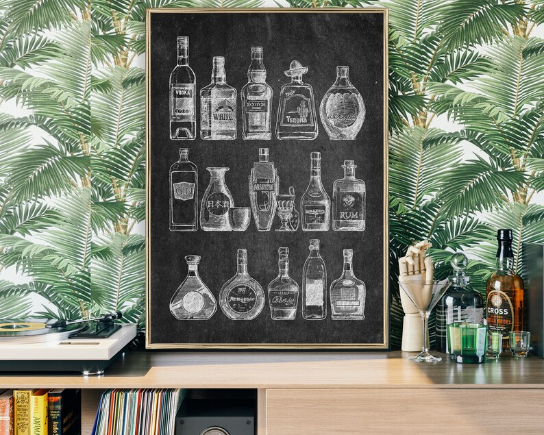 Bar cart wall decor bottles print bar cart art eclectic Etsy
