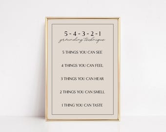 54321 grounding technique print | minimalist therapy wall art | mindfulness | mental health art | therapy office decor | digital download