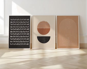 Mid Century Modern Geometric Wall Art | Set of 3 Prints | Boho Living Room Decor | KIKIANDNIM | Printable Wall Art