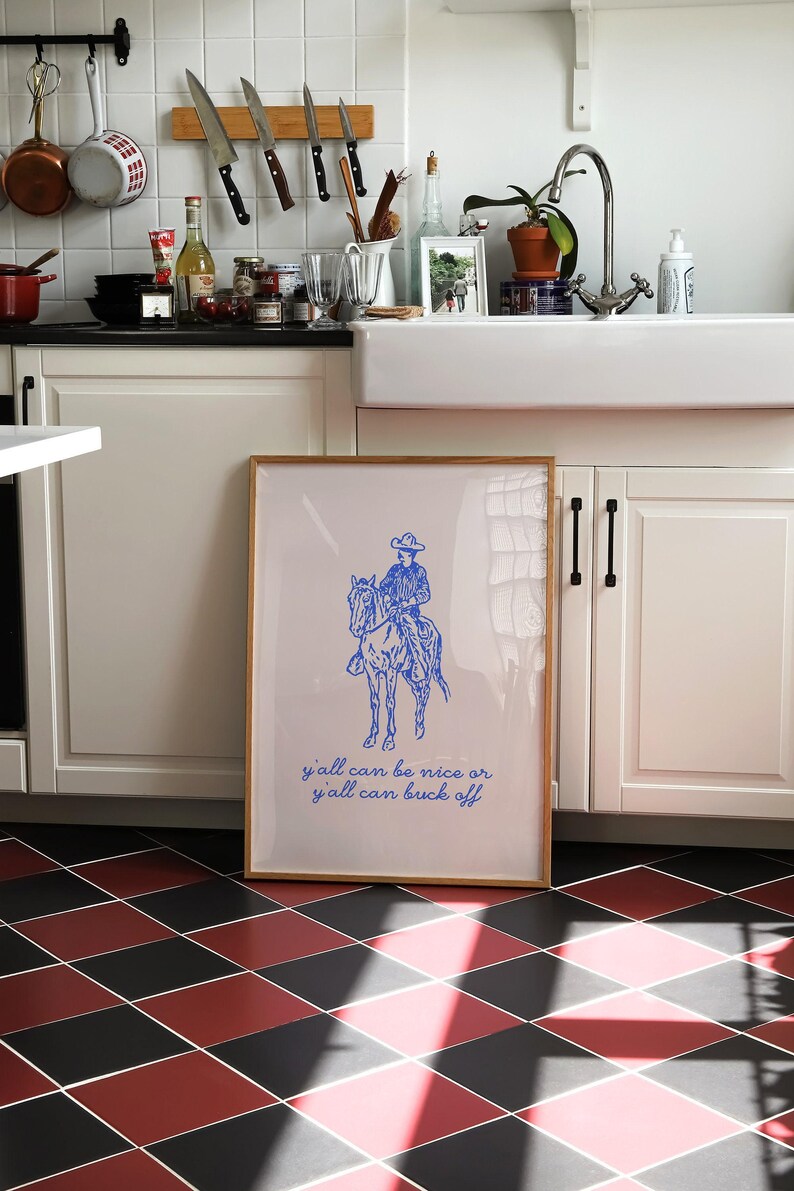 arte vaquero / ser amable o deshacerse / estampado vaquero / arte de pared azul real / decoración de pared de moda / arte de pared occidental / kikiandnim / impresión digital imagen 5