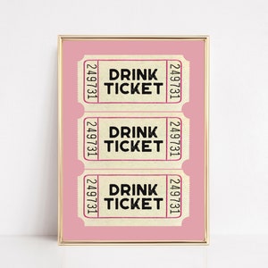 różowa sztuka ścienna retro | modny wydruk biletu na drinka | sztuka preppy | estetyczny plakat | dekoracja baru | dziewczęcy wystrój | kikiandnim | wydruk cyfrowy