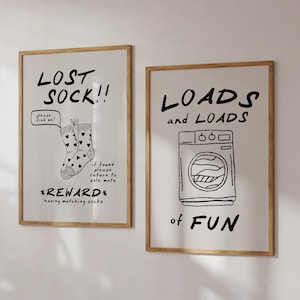 Wasruimteprints | Trendy waskamerdecoratie | Veel plezier | Verloren sok | Set van 2 prints (digitale download)