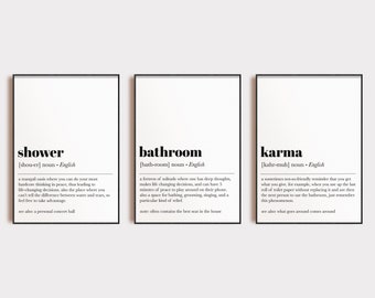 funny bathroom wall decor | set of 3 bathroom definition prints | bathroom art | deja poo | karma | shower | minimalist | digital print