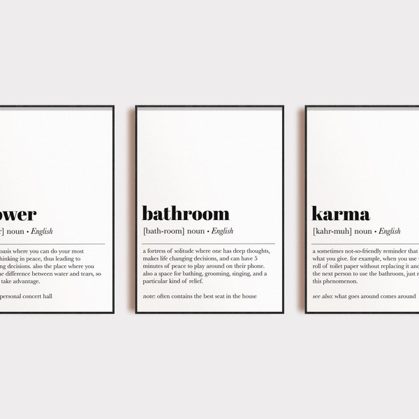 funny bathroom wall decor | set of 3 bathroom definition prints | bathroom art | deja poo | karma | shower | minimalist | digital print