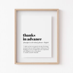 funny office decor | office wall art | thanks in advance | home office decor | work from home art | office wall decor | digital download image 3