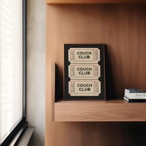 couch club ticket print | retro living room wall art | above couch art | cute apartment decor | black wall art | kikiandnim | digital print image 4