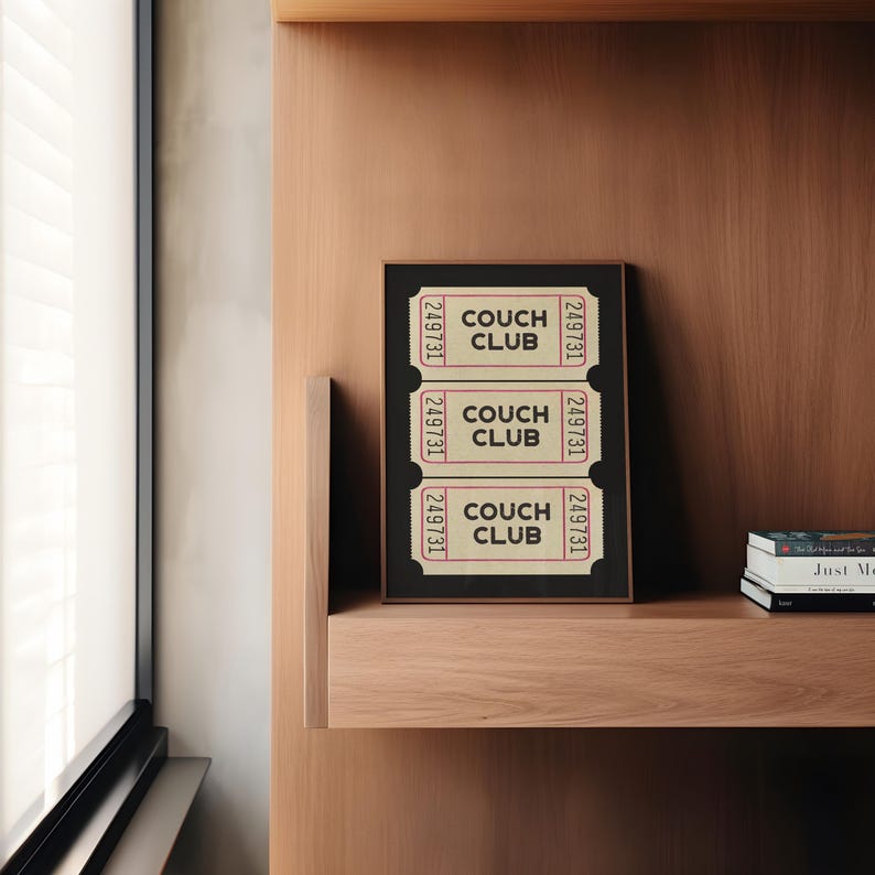 couch club ticket print | retro living room wall art | above couch art | cute apartment decor | black wall art | kikiandnim | digital print image 4