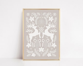 May include: A rectangular wall art print in a gold frame featuring a light taupe background with a symmetrical white illustration of two reindeer, snowflakes, pine branches, poinsettia flowers, and decorative hanging ornaments.