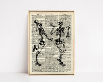 dancing skeletons print | vintage halloween decor | book page art | spooky wall art | funny halloween printable wall art | digital download