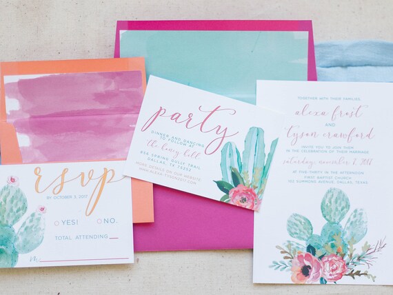 Cactus Wedding Invitations Watercolor Wedding Suite Colorful Etsy