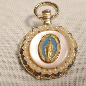 Virgin Mary Religious Pin Mother of Pearl Pearls Rhinestones