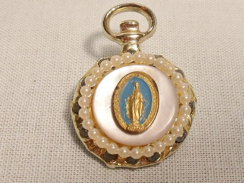 Virgin Mary Religious Pin Mother of Pearl Pearls Rhinestones Etsy New