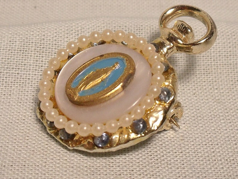 Virgin Mary Religious Pin Mother of Pearl Pearls Rhinestones Etsy New
