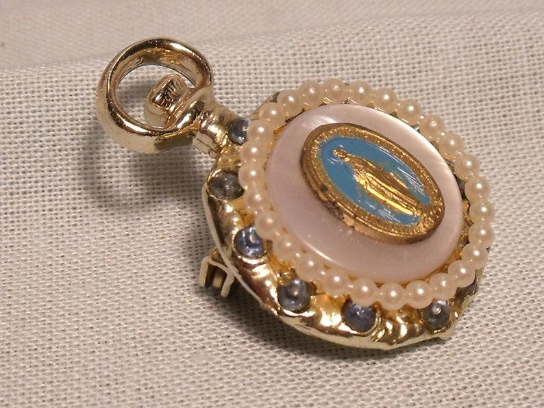 Virgin Mary Religious Pin Mother of Pearl Pearls Rhinestones Etsy New