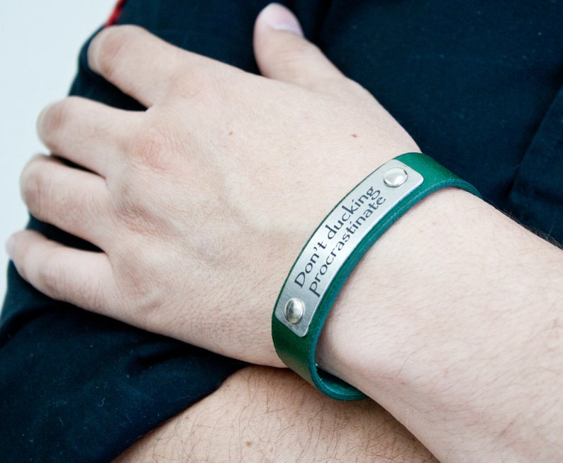 Personalized Green Leather Bracelet Hand Made in USA url Latitude Longitude GPS Coordinates Custom QR Code Coordinates text etc