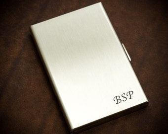 Stainless Steel Metal RFID Blocking Credit Card Holder Wallet w/ Release Button - Monogram - Personalized - Men - Women - Unisex