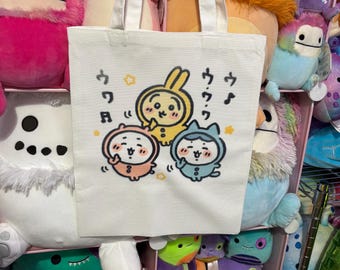 Chiikawa Group Singing Tote Bag – Kawaii Trio Design In Pajamas, White Polyester Tote, Cute Japanese Character Bag