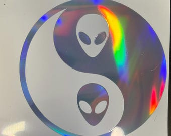 Pegatina de cabezas alienígenas Yin-Yang, pegatina de vinilo, arte cósmico, Yin Yang alienígena, pegatina psicodélica personalizada