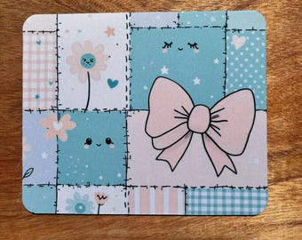 Kawaii Patchwork Bow Mouse Pad – Pastel Blue & Pink Quilted Desk Mat