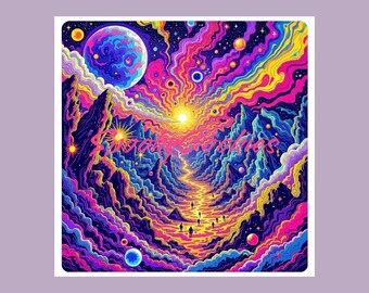 Rainbow Mountain Landscape Sticker with Cosmic Space Background Vinyl StickerMagnet