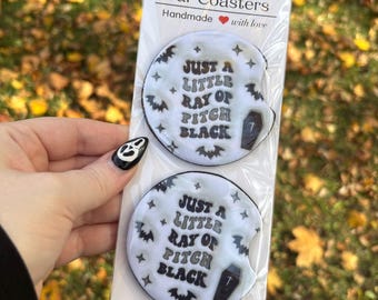 Little Ray of Pitch Black Spooky Neoprene Car Coaster Set | Cute Car Accessories | Absorbent Cup Holder Coasters | 2.65” Universal Fit