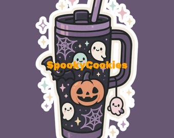 Spooky Halloween Tumbler Cup Sticker | Kawaii Ghosts, Pumpkin & Bats | Cute Spooky Season Vinyl StickerMagnet