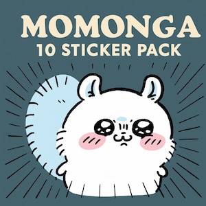 May include: A sticker pack with a cute cartoon character. The white character has a light blue tail, pink cheeks, and large, expressive eyes. The text "MOMONGA 10 STICKER PACK" is displayed in a stylized font against a dark teal background.