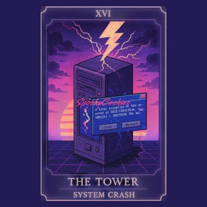 May include: A retro-style tarot card depicting The Tower, with a computer monitor in the center. The monitor has a blue screen with a message that reads "A fatal exception dẺ has occurred at 0025:C001E35 im, "RO VAM (01) + 000T0E55 The ins." The card has a purple and pink background with a lightning bolt above the computer.