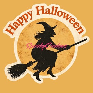 Vintage Halloween Witch Sticker | Flying Witch Over Full Moon | Retro Halloween Vinyl Sticker