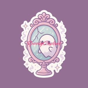 May include: A pink and white ornate mirror with a cracked surface. A white ghost with a pink blush is looking out of the mirror. The text "Spooky Cookies" is written in pink letters on the mirror.