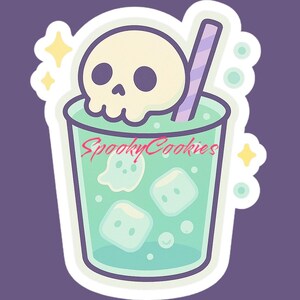 May include: A sticker of a green drink with a skull, ice cubes, and a ghost in a glass with a purple and white striped straw. The text "Spooky Cookies" is on the sticker.