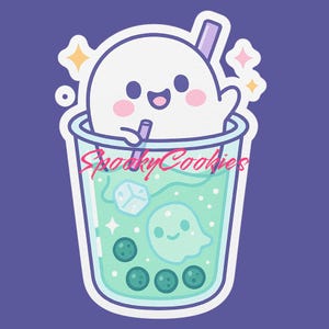 May include: A cute cartoon ghost in a bubble tea cup with a straw. The drink is light green with boba pearls and a ghost inside. The text "Spooky Cookies" is written on the cup, with star accents on a purple background.