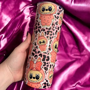 Pink Leopard Spots Labubu Skinny Tumblers with Straw – 20oz Kawaii Collectible Drinkware Stainless Steel