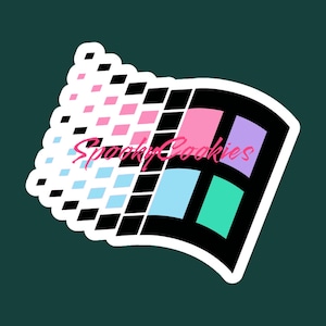 May include: A sticker with a retro 90s Windows logo design. The logo is a white outline of a window with a blue, pink, and green color scheme. The text "Spooky Cookies" is written in pink cursive.