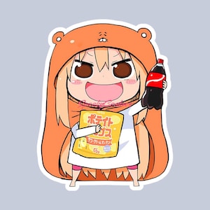 May include: A cartoon sticker of a girl wearing an orange bear hoodie, holding a bag of chips and a bottle of soda. The chips bag is yellow with Japanese text. The soda bottle is black with a red label.