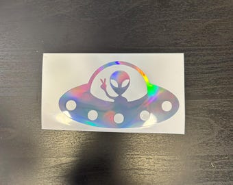 UFO Alien Peace Sign Decal, Vinyl Sticker, Cosmic Art, Trippy Alien Sticker, Peace Sign UFO Art