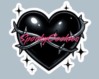 Goth Y2K Chrome Black Heart Sticker | Barbed Wire Aesthetic | Scene Kid Vibes | Glossy or Holographic FinishMagnet