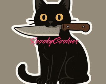 Black Cat with Knife Sticker | Cute Spooky Cat Vinyl Sticker | Halloween AestheticMagnet