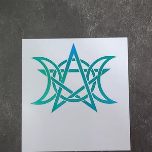 May include: A teal and blue pentagram with three crescent moons surrounding it. The symbol is on a white background.
