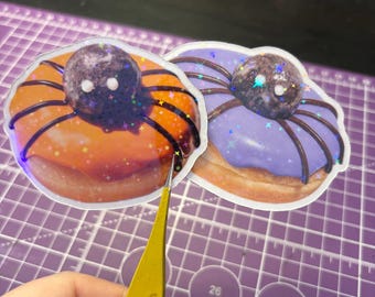 3-Inch Holographic Sticker | Halloween Spider Dunkin' Donut Design | Spooky Fun for Fall | Decal for LaptopsMagnet