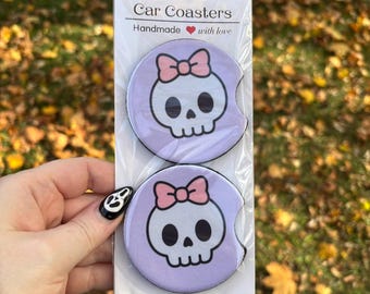 Pastel Skull with Bow Spooky Neoprene Car Coaster Set | Cute Car Accessories | Absorbent Cup Holder Coasters | 2.65” Universal Fit