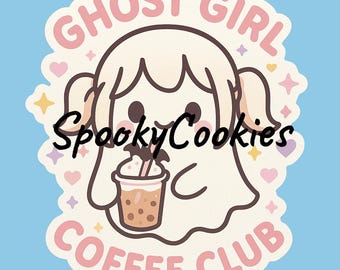 Ghost Girl Coffee Club Sticker • Pastel Kawaii Ghost Coffee Lover • Cute Spooky Sticker • Waterproof 3 Inch Sticker • Holographic or Glossy