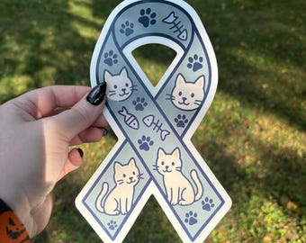 Cat Support Ribbon Sticker | Kawaii Kitty Paw Print Fishbone Awareness Decal