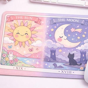 Pastel Sun & Moon Tarot Mousepad – Cute Kawaii Desk Mat • Celestial Aesthetic Office Decor • Witchy Tarot Card Mouse Pad