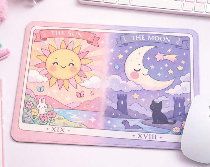 Pastel Sun & Moon Tarot Mousepad – Cute Kawaii Desk Mat • Celestial Aesthetic Office Decor • Witchy Tarot Card Mouse Pad
