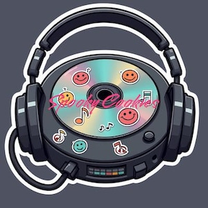 May include: A black and white cartoon illustration of a CD player with headphones. The CD player has a colorful CD inside with smiley faces and musical notes. The text "Spooky Cookies" is written in pink letters on the CD.