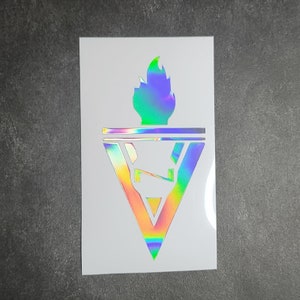 May include: A holographic sticker with a triangle design and a flame on top. The triangle has a stylized letter N inside. The sticker is on a white background.