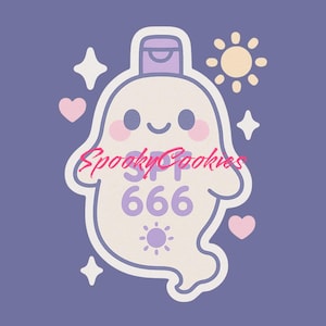 May include: A cartoon ghost wearing a purple sun hat and holding a bottle of sunscreen that says "SPF 666". The ghost has a happy expression and is surrounded by hearts and stars. The text "Spooky Cookies" is written in pink letters.
