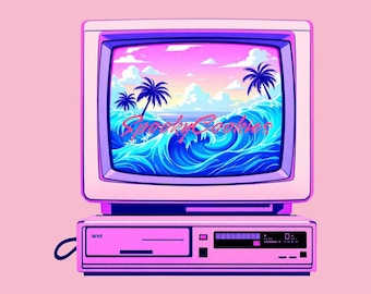 Neon Vaporwave Beach Sticker CRT Computer - Retro Aesthetic Summer VibesMagnet