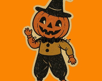 Pegatina vintage con forma de cabeza de calabaza – Adhesivo retro de Halloween brillante u holográfico de 7,6 cm (3 pulgadas)